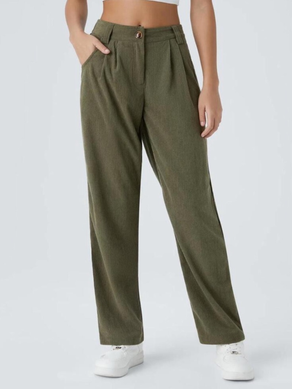 NWT Halara Mid Rise Zipper Pocket Corduroy Casual Pants Green Olive Icy Bamboo